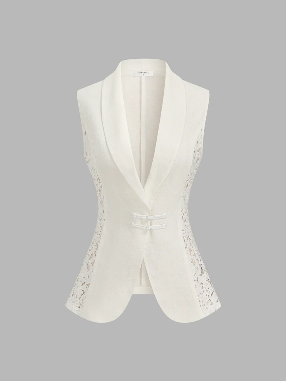 Elegant White Linen Lace-Panel Sleeveless Blazer Vest -